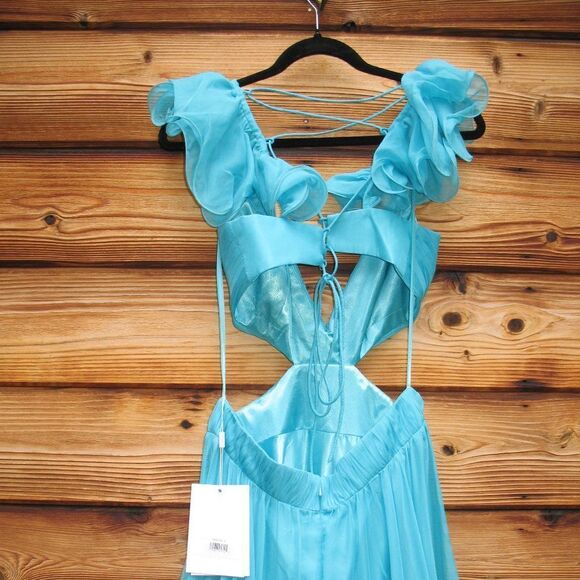 Mac Duggal Ruffled Shoulder Cut Out Lace Up Gown Dress Blue Green Size 10 - Picture 13 of 16